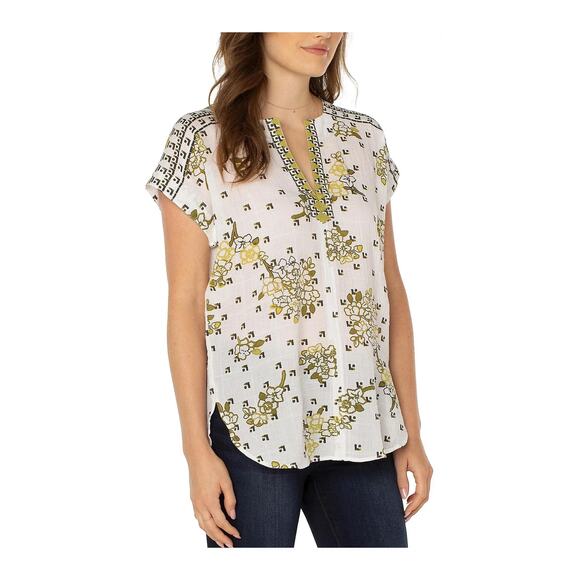 LIVERPOOL Dolman Popover Blouse Curved Hem Floral Geometric NWT Petite Small - Picture 1 of 11